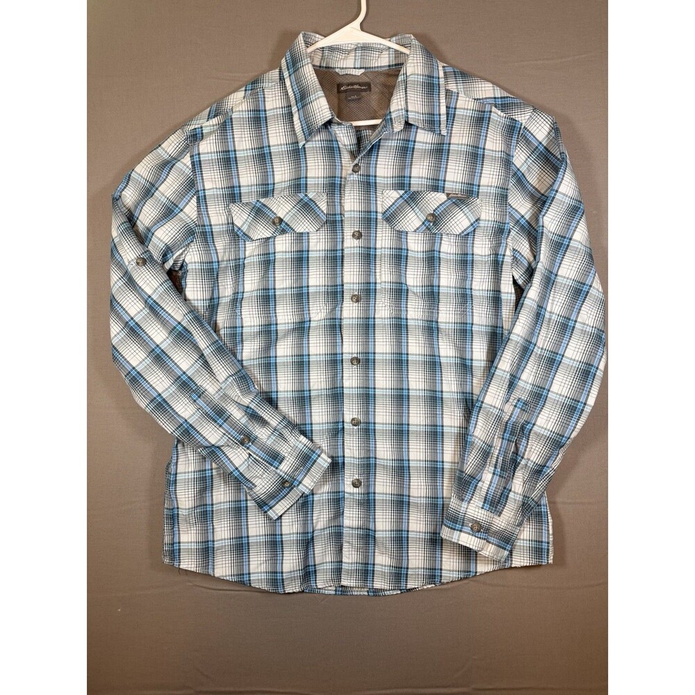 Eddie Bauer Men's Plaid Button-Up Shirt Blue Gray White Long Sleeve Pockets L